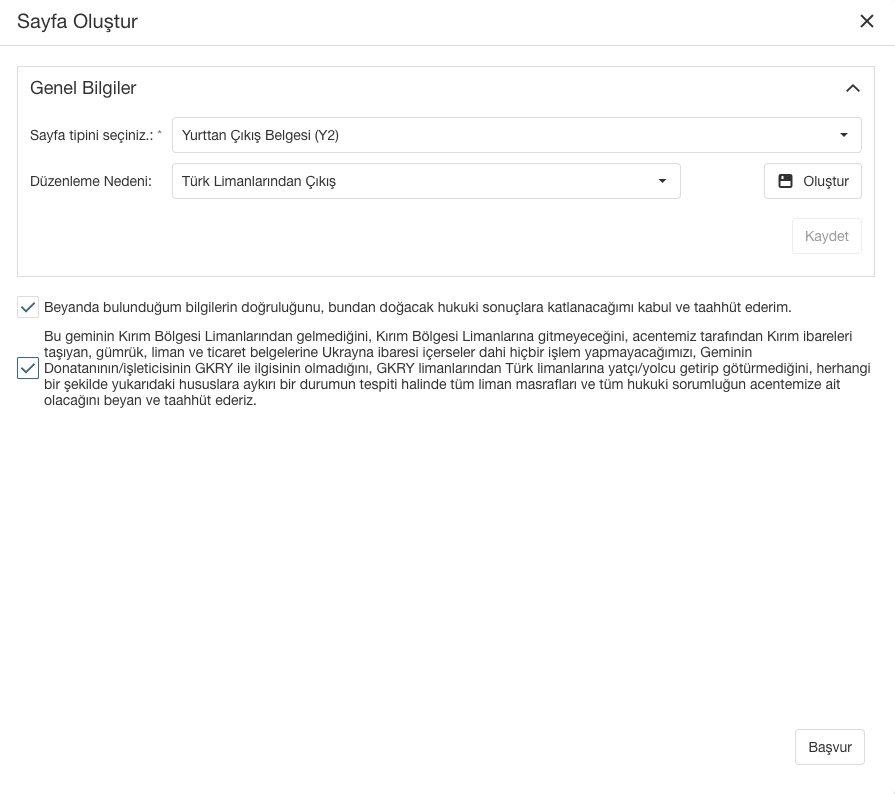 Seyir İzin Belgesi form alanlarının doldurulması