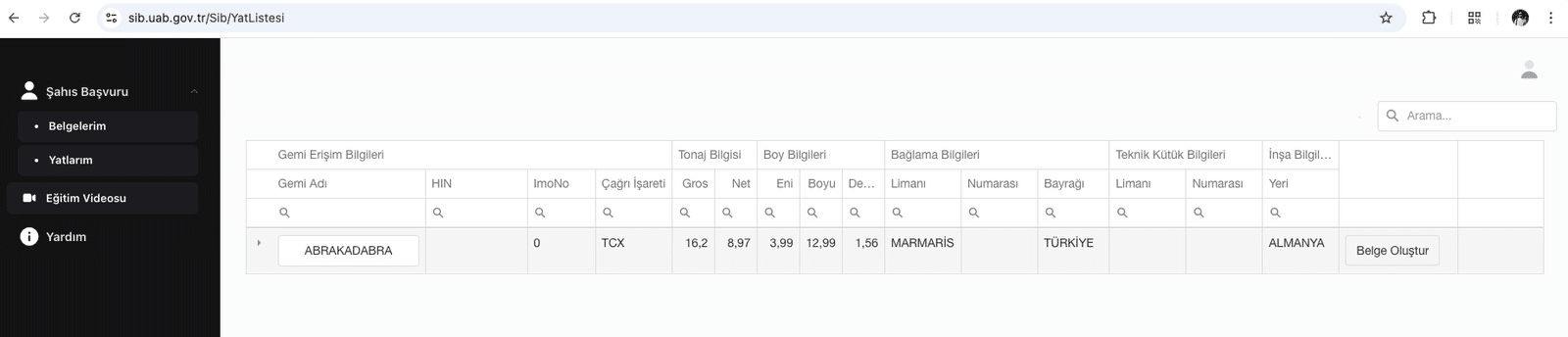 Yatlarım menüsünde Belge Oluştur seçeneği