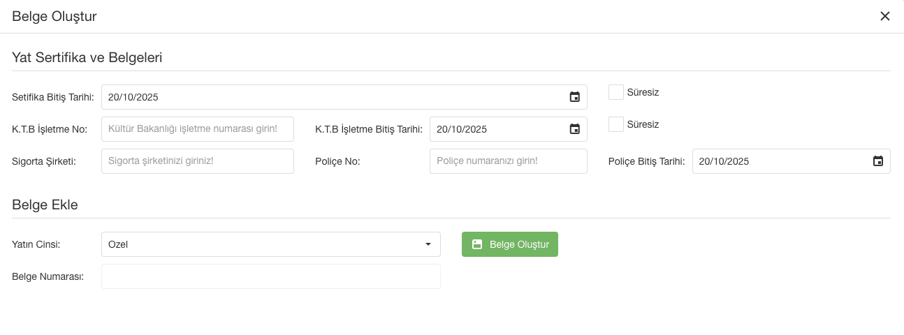 Belge Oluştur formunda doldurulacak alanlar