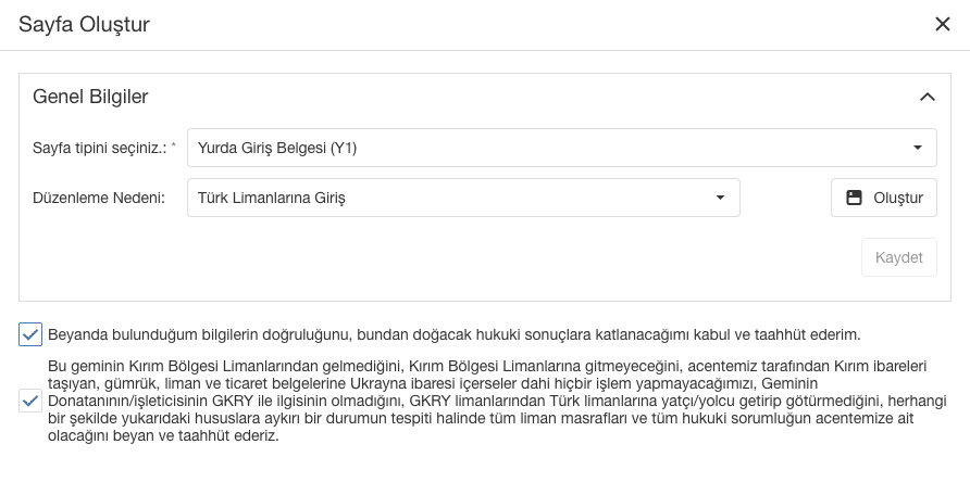 Giriş için sayfa tipi ve düzenleme nedeni seçimi